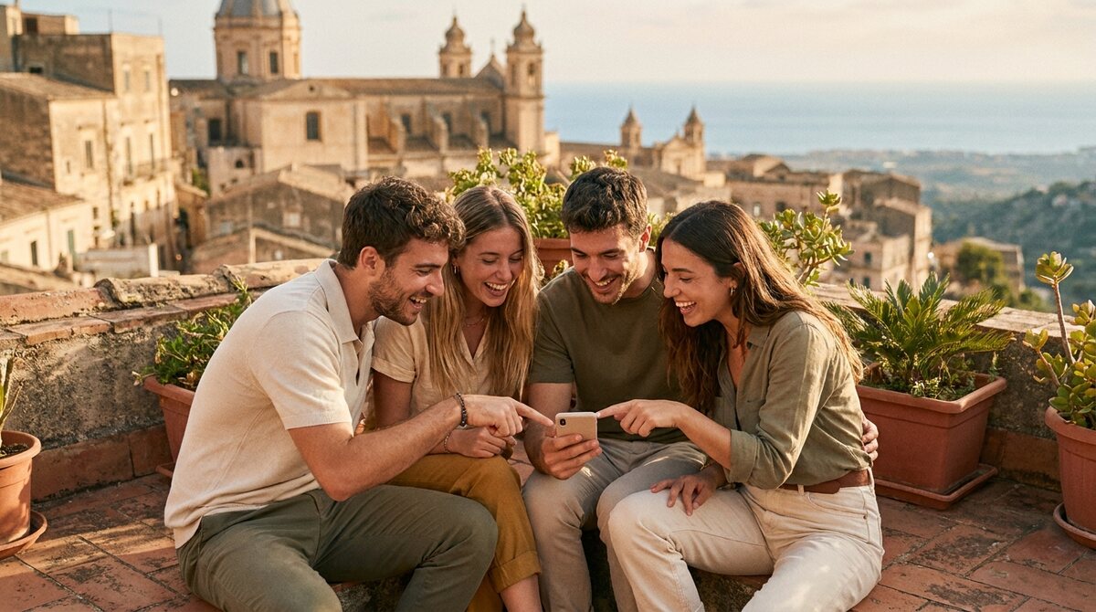 Friends planning a trip on a phone on a sunny terrace